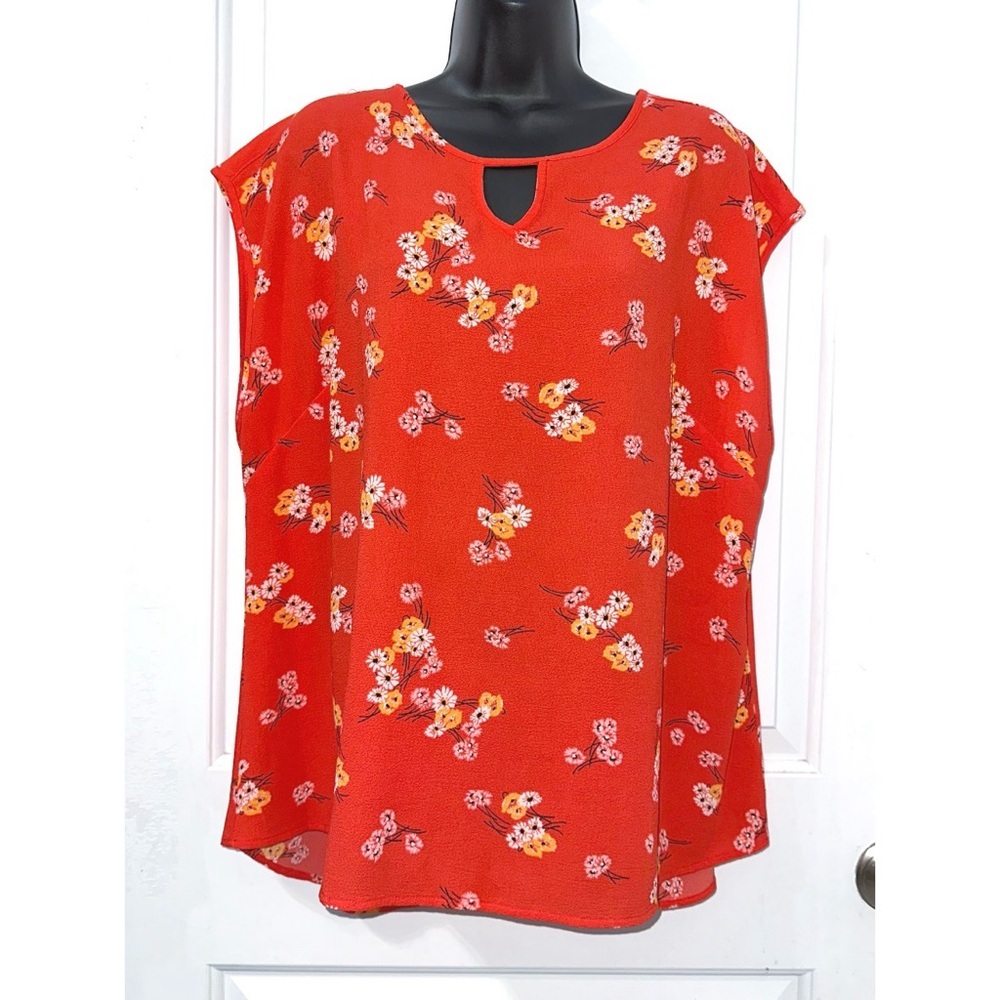 Maurice’s Red Blouse featuring a ditsy floral print with yellow & white flowers